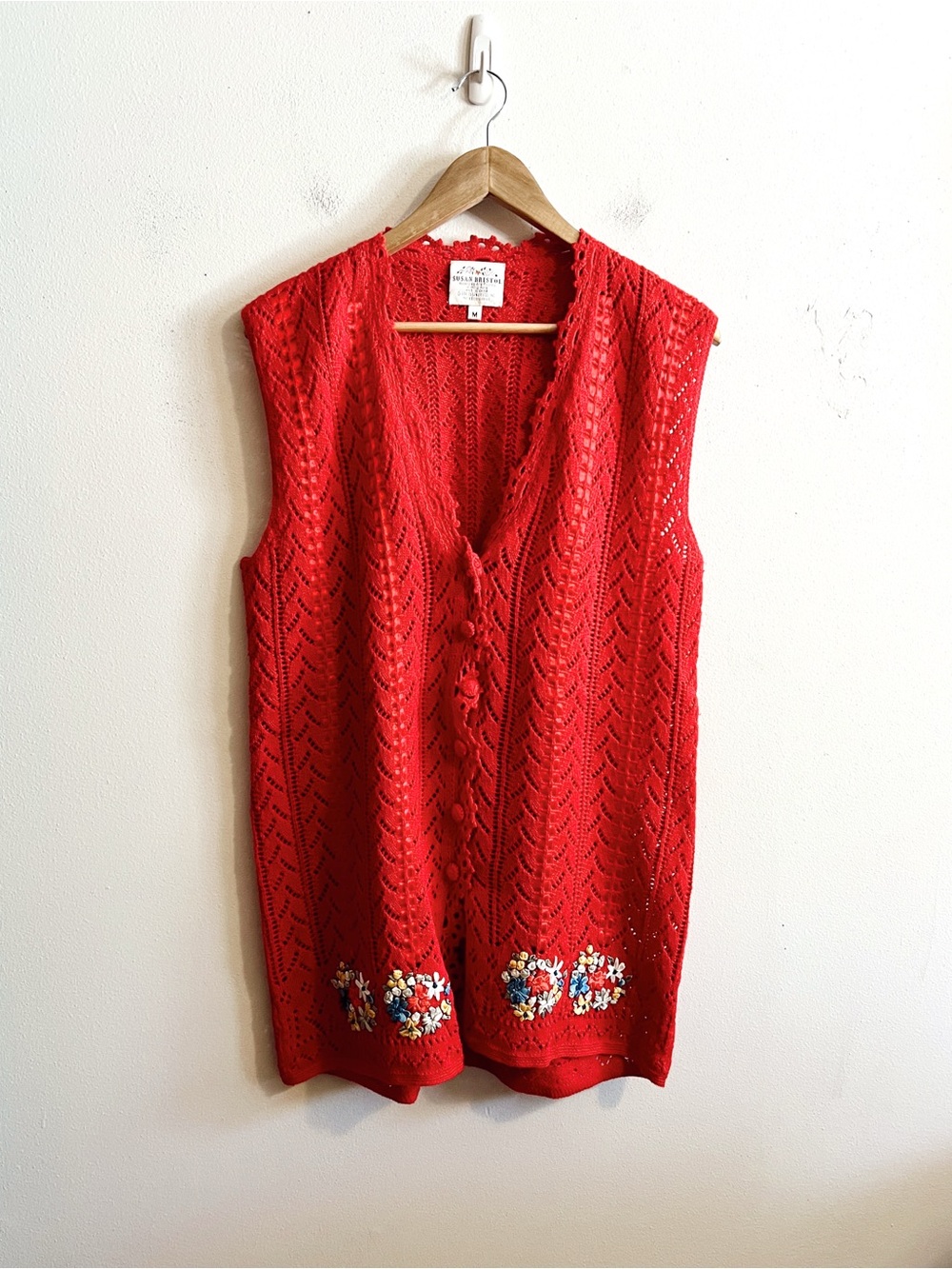 Susan Bristol Vintage Red Crochet Button Up Vest with Hand Embroidered Flowers